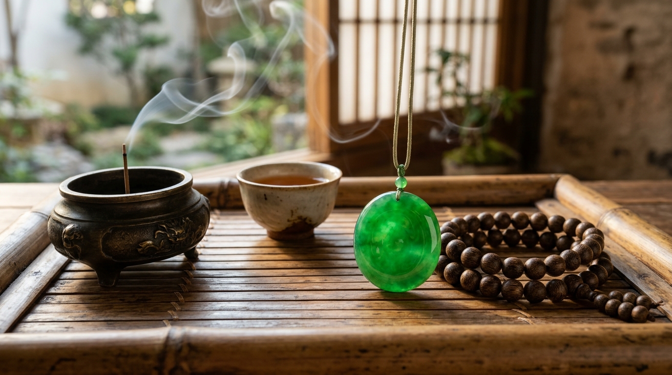 Vòng tay Trầm Hương kết hợp mặt dây chuyền Ngọc Phỉ Thúy lên nước bóng mượt