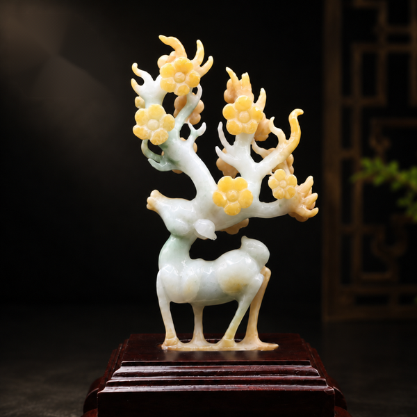 Tượng Hươu Hoa Mai ngọc phỉ thúy tam sắc