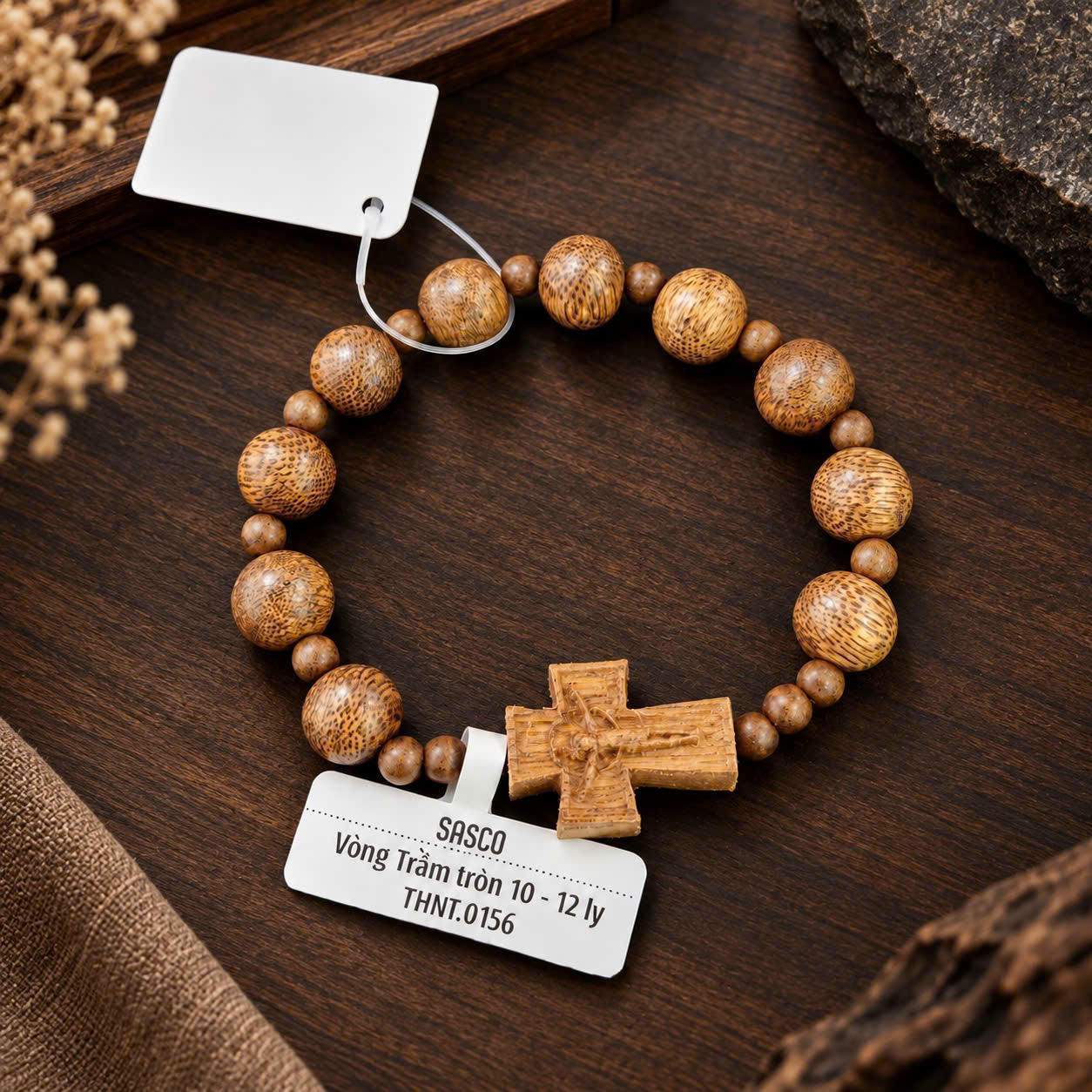 Vòng Trầm tròn 10 - 12 li (17-19 Hạt) - Mặt Thánh Giá (THNT.0156)